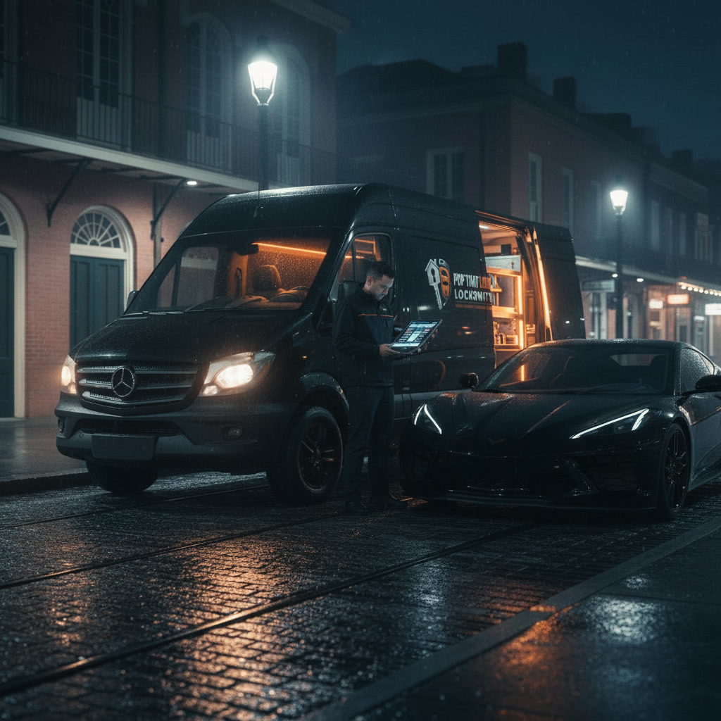 Pop That Lock mobile locksmith van beside a black Corvette on a rainy New Orleans street at night